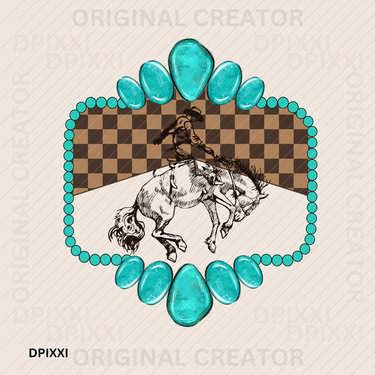 Turquoise Stone Rectangle Checker Line Cowboy